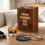 Personalized Legend Dad Whiskey Glass 4 Stones Wooden Box Set with Text and Coaster Father's Day Birthday Anniversary Gift for Dad Man