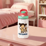Gepersonaliseerde leuke cartoon professionele karakter 12 oz 16 oz waterfles met naam rietje en handvat terug naar school verjaardagscadeau voor kinderen
