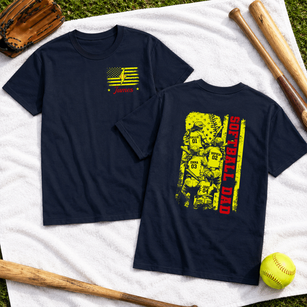 Personalised 1-4 Kids Softball Dad Stars Stripes 100% Cotton T-shirt with Names and Number Father's Day Gift for Dad Softball Player
