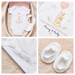 Personalised Cartoon Rabbit 100% Cotton Baby Bodysuit Romper Bib Booties Set with Text and Year First Mother's Day Gift for Newborn Baby