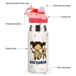 Gepersonaliseerde leuke cartoon professionele karakter 12 oz 16 oz waterfles met naam rietje en handvat terug naar school verjaardagscadeau voor kinderen
