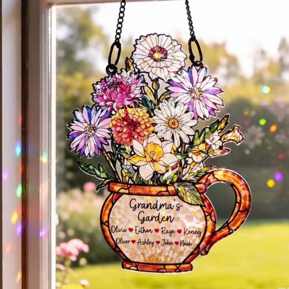Personalised Grandma's Garden Birth Flower Stained Glass Design Suncatcher with Title and 1-10 Names Mother's Day Gift for Grandma Mom 3