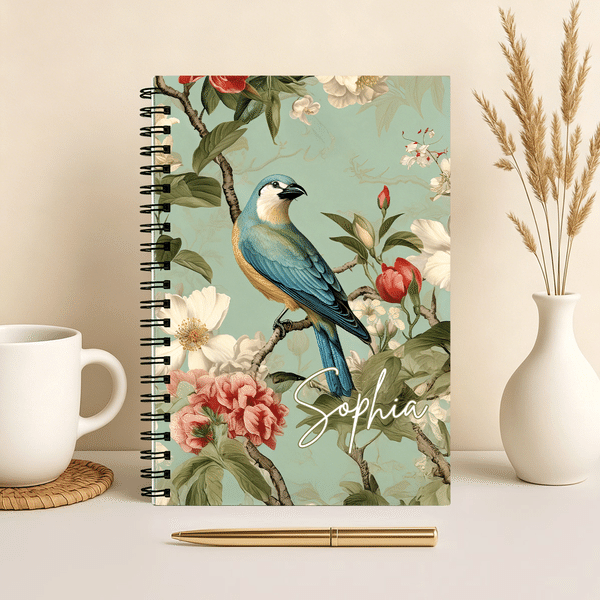 Personalised Chinoiserie Traditional Flower Bird Spiral A5 Notebook with Name and 120 Lined Pages Birthday Anniversary Gift for Women