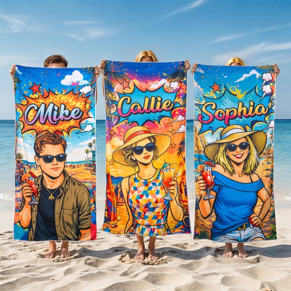 Asciugamano da spiaggia personalizzato Pop Art Graffiti morbido e sovradimensionato ad asciugatura rapida con nome e foto Regalo estivo di compleanno in spiaggia per giovani uomini donne
