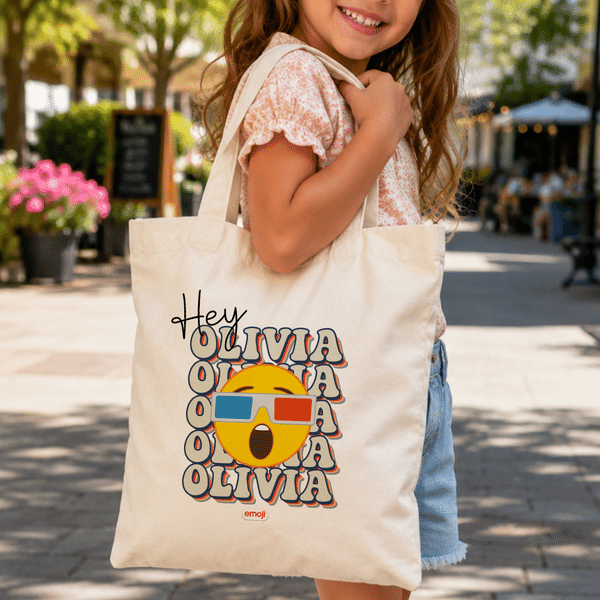 Personalized Playful emoji Scene Canvas Tote Bag with Colour-Blocking Name Daily Use Birthday Gift for Kids Women | Callie × emoji ™