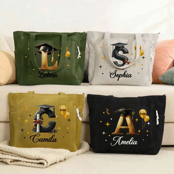 Personalized Graduation Cap Initial Large Capacity Corduroy Tote Bag with Name and Year Graduation Gift for Graduates