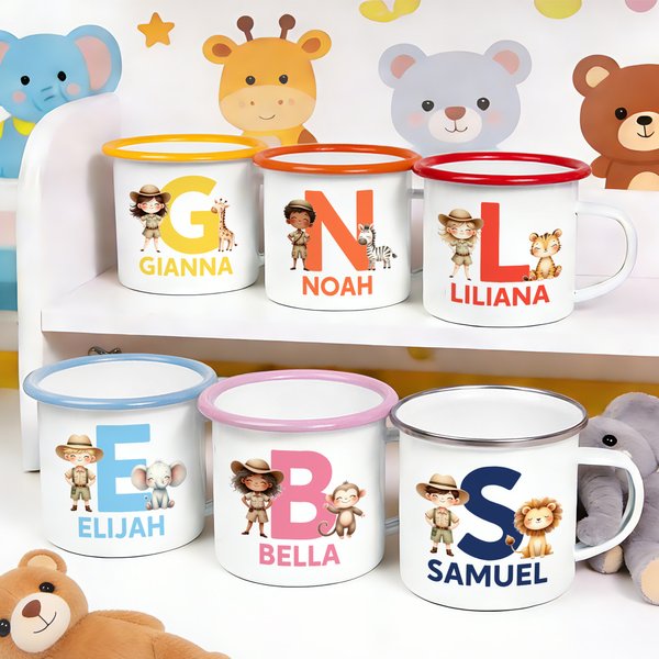 Personalized Cartoon Safari Kid Character Animal Initial 12 oz Enamel Mug with Name Daily Use Birthday Gift for Boys Girls