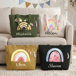 Personalized Watercolor Rainbow Corduroy Large Capacity Tote Bag with Name Birthday Gift for Women Teachers