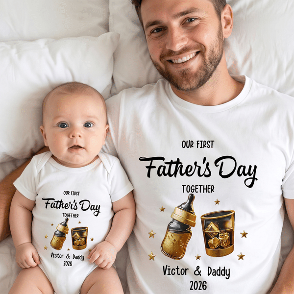 Personalised Our First Father's Day 100% Cotton Baby Bodysuit T-shirt Matching Outfit with Name and Year Father's Day Gift for Dad Baby