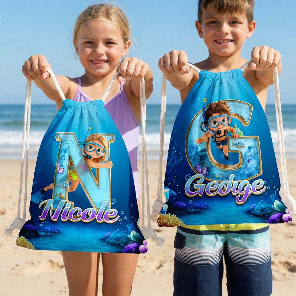 Personalized Cartoon Diving Character Initial Drawstring Bag with Name Outdoor Activities Beach Party Birthday Gift for Kids Family 3