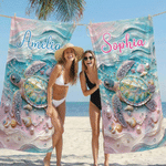 Asciugamano da spiaggia personalizzato con nome e nome per la festa di compleanno in spiaggia della fidanzata nuotatrice.