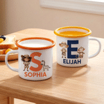 Tazza smaltata personalizzata Cartoon Safari Kid Character Animal Initial da 12 oz con nome Regalo di compleanno per ragazzi e ragazze per uso quotidiano