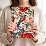 Personalised Chinoiserie Traditional Flower Bird Spiral A5 Notebook with Name and 120 Lined Pages Birthday Anniversary Gift for Women