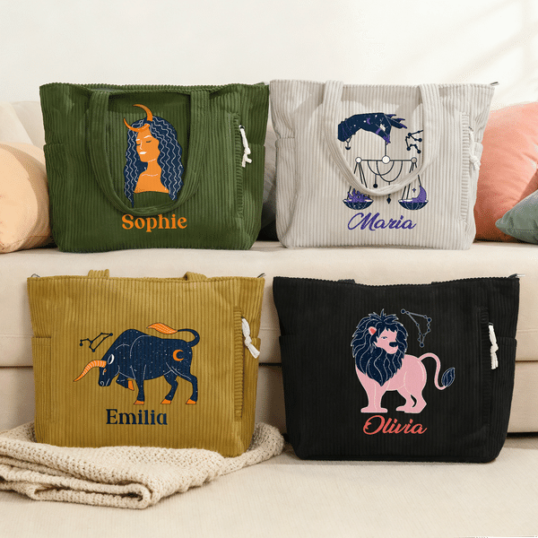 Personalised Constellation Large Capacity Corduroy Tote Bag with Name Daily Use Birthday Gift for Women Besties