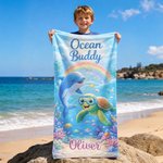 Personalized Cartoon Sea Turtle Marine Animals Quick Dry Oversized Beach Towel with Name Beach Party Summer Vacation Gift for Kids