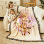 Personalised Tassel Mother and Child Back View Warm Fleece Throw Blanket with Name Daily Use Birthday Anniversary Gift for Mother Grandmother