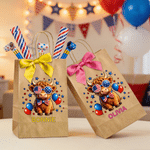 Personalized Cute Highland Cow American Flag Bow Reusable Kraft Paper Gift Bags with Name American Independence Day Gift for Americans