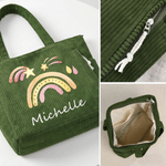 Personalized Watercolor Rainbow Corduroy Large Capacity Tote Bag with Name Birthday Gift for Women Teachers