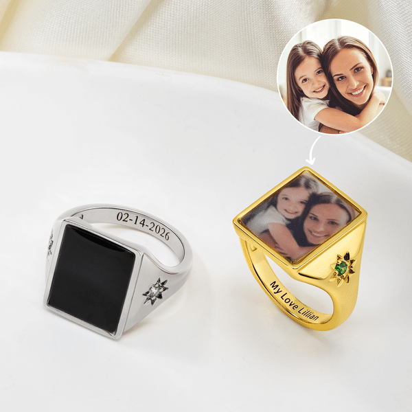 Bague personnalisée en argent sterling avec photo cachée activée par la chaleur et texte Bijoux mémorables Cadeau d'anniversaire pour couple Mère