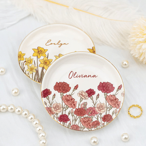 Personalised Birth Flower Ceramic Trinket Jewellery Dish with Name Daily Use Birthday Gift for Girlfriend Wife