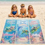 Personalized Cartoon Sea Turtle Marine Animals Quick Dry Oversized Beach Towel with Name Beach Party Summer Vacation Gift for Kids