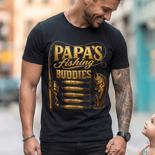 Personalised Fishing Theme 100% Cotton T-shirt with 1-12 Names and Title Father's Day Gift for Father Fishing Enthusiast