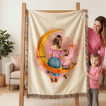 Personalised Tassel Mother and Child Back View Warm Fleece Throw Blanket with Name Daily Use Birthday Anniversary Gift for Mother Grandmother