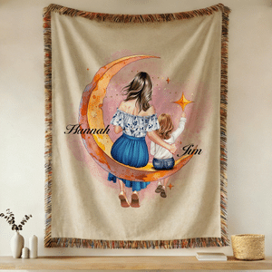 Personalised Tassel Mother and Child Back View Warm Fleece Throw Blanket with Name Daily Use Birthday Anniversary Gift for Mother Grandmother