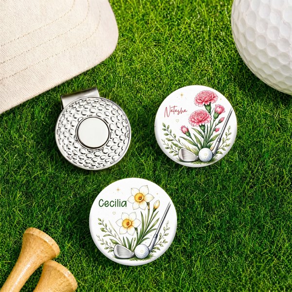 Personalised Birth Flower Golf Club Golf Ball Marker with Magnetic Hat Clip and Name Birthday Game Day Golf Course Gift for Golf Lovers