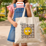 Personalised Playful emoji Scene Canvas Tote Bag with Colour-Blocking Name Daily Use Birthday Gift for Kids Women | Callie × emoji ™