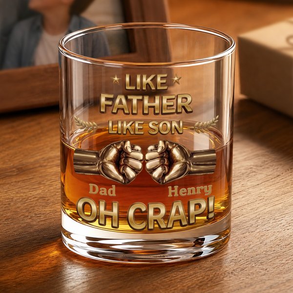Personalised Like Father Like Son Fist Bump 10 oz Rock Whiskey Glass with Name Father's Day Birthday Gift for Father Whiskey Lover