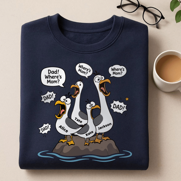 Personalized Funny Cartoon Seagulls Soft T-shirt with Name Father's Day Birthday Gift for Dad Husband