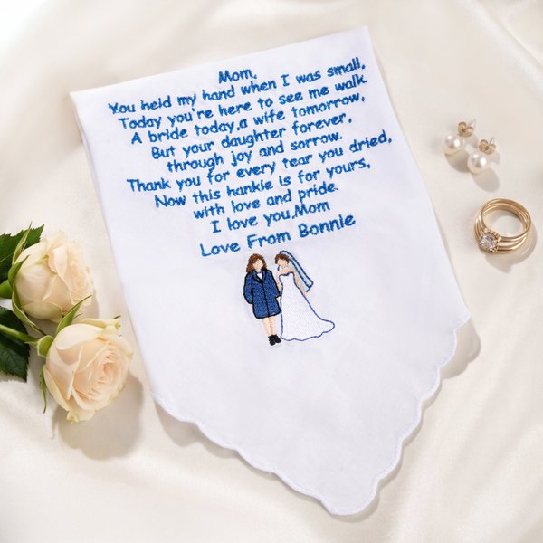Personalized Something Blue Embroidery Heartfelt Message 100% Cotton Handkerchief with Name Wedding Gift for Father Mother Grandma