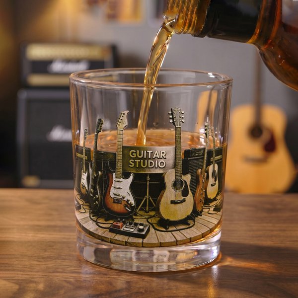 Personalised Guitar Studio Theme 10 oz Old Fashioned Whiskey Glass with Name Birthday Gift for Guitar Music Lover