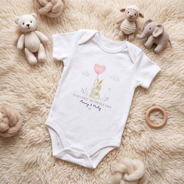 Personalizzato Cartoon Rabbit 100% cotone Baby Bodysuit Romper Bib Booties Set con testo e anno Prima festa della mamma regalo per neonato