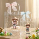 Personalized Cartoon Cowboy Cowgirl Clear Tote Bag with Bow Ribbon and Name Outdoor Activities Essential Birthday Gift for Boys Girls