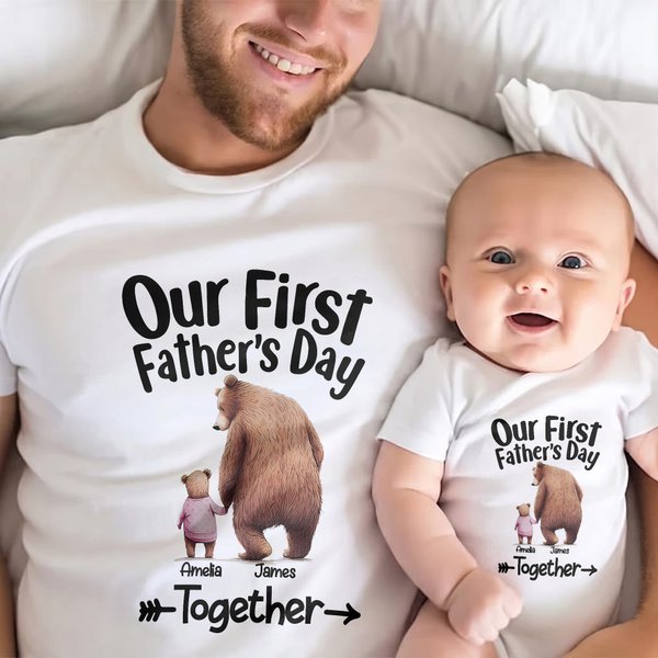 Personalised Cute Bears Hand in Hand 100% Cotton T-Shirt Baby Bodysuit with Name Our First Father's Day Gift for Daddy Baby