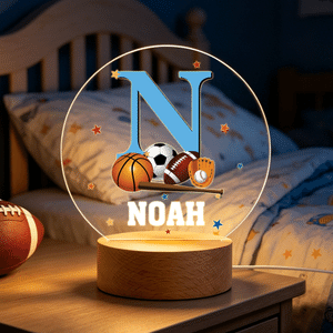 Personalized Sports Patterns Acrylic Night Light with Initial Name and Wooden Base Desk Decor Birthday Gift for Sports Lovers Kids