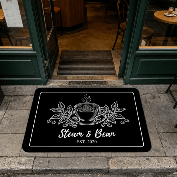 Personalizzato Vintage Line Art stile Coffee Cup Bean Zerbino antiscivolo con titolo e testo Workshop Coffee Bar Regalo di inaugurazione per gli amanti del caffè