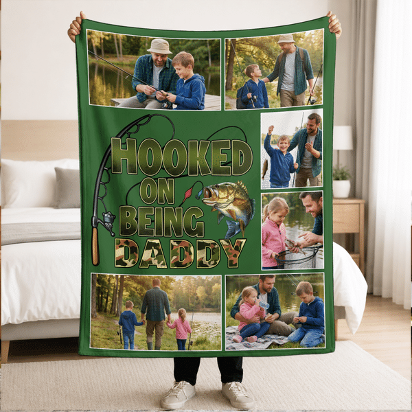 Personalised Hooked On Being Papa Fishing Soft Throw Blanket with 2-6 Photos Home Decor Grandparents' Day Father's Day Gift for Dad Grandpa