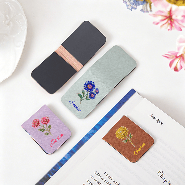 Personalized Birthstone Birth Flower Magnetic PU Leather Bookmark Clip with Name Reading Accessory Daily Use Birthday Gift for Women Book Lovers