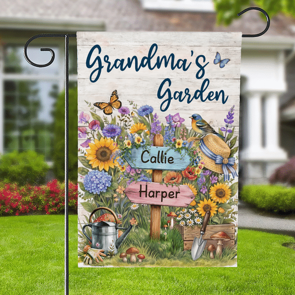 Personalized Butterfly Floral Vegetable Garden Flag with 1-8 Names and Text Balcony Outdoor Yard Decor Birthday Anniversary Gift for Family Gardener