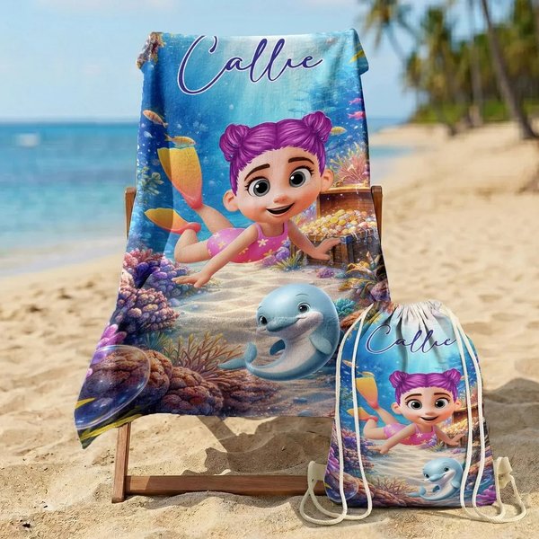 Gepersonaliseerd Sneldrogend Strandlaken met Schattig 3D-duiker met Trekkoordtas Strandfeest Verjaardagscadeau voor Kinderen en Volwassenen