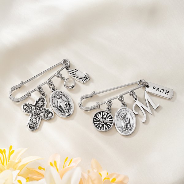 Personalized Birthstone Catholic Saint Pin with Initial Dainty Jewellery Confirmation Keepsake Communion Baptism Gift for Catholics