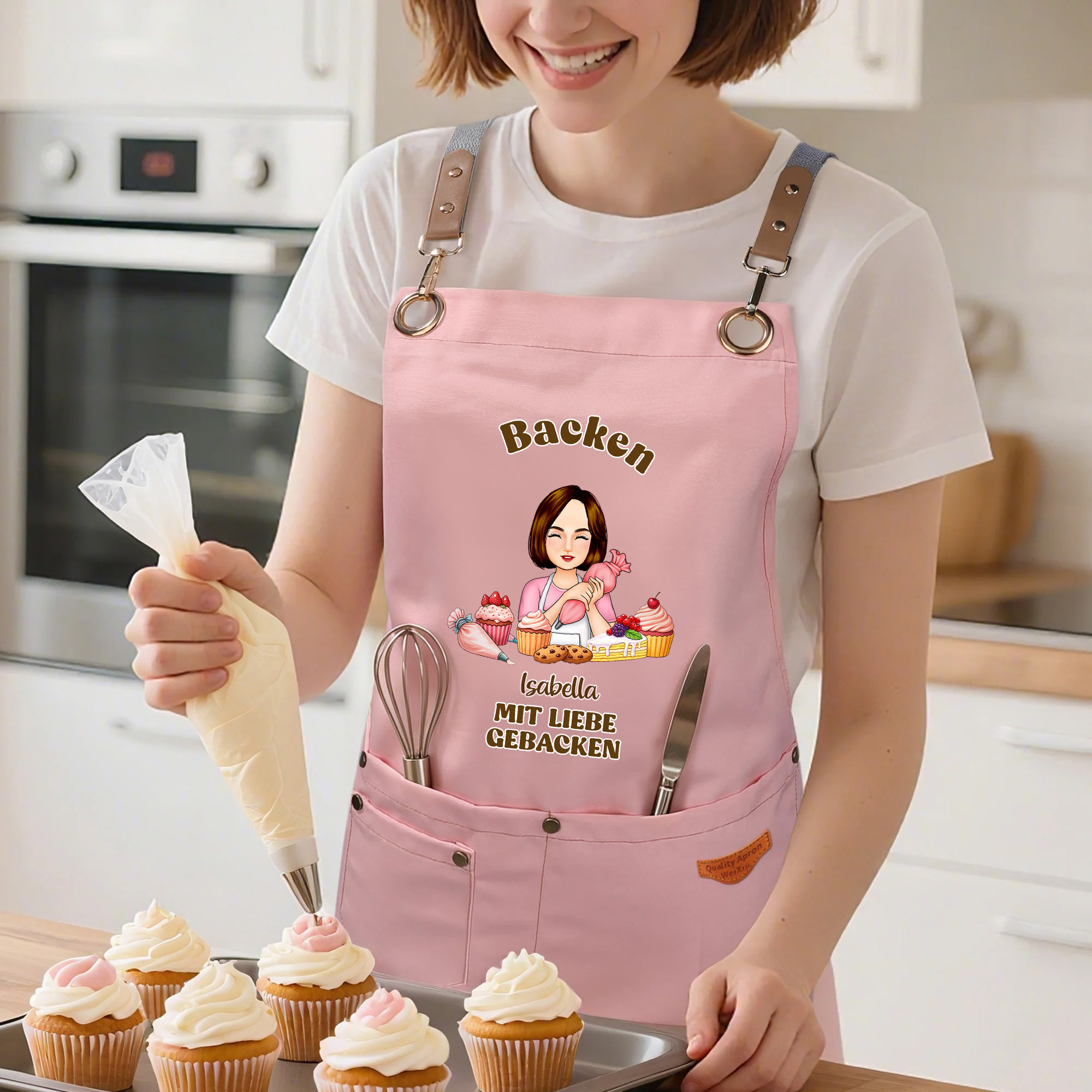 Personalisierte Kochschürze mit Cartoon-Figur und Kuchenmotiv | mit Zitat und Namen | Backschürze | Geschenk für Backliebhaberinnen Mama und Oma
