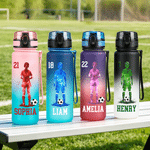Personalized Soccer Character Silhouette Name Gradient Sports Water Bottle with Flip Top Lid and Strap Gym Birthday Gift for Kid Teenager Soccer Lover