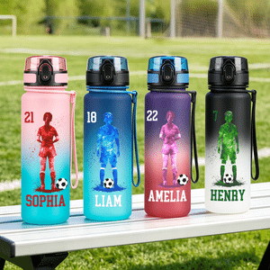 Bouteille d'eau de sport personnalisée avec silhouette numéro et nom - Couvercle à clapet - Cadeau d'anniversaire pour amateurs de football