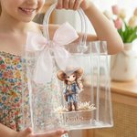 Personalized Cartoon Cowboy Cowgirl Clear Tote Bag with Bow Ribbon and Name Outdoor Activities Essential Birthday Gift for Boys Girls