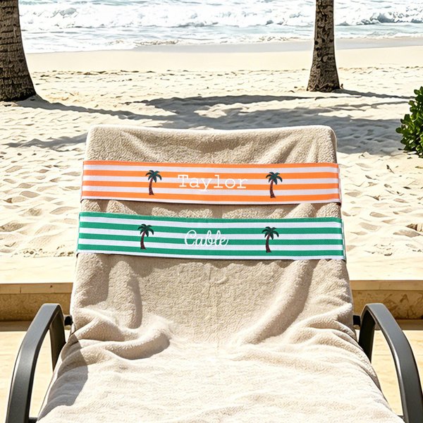 Personalised Stripe Lounge Chair Towel Holder Band with Embroidered Text and Stretchable Elastic Strap Pool Chair Saver Vacation Gift for Traveller