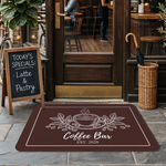 Personalized Vintage Line Art Style Coffee Cup Bean Non-Slip Doormat with Title and Text Workshop Coffee Bar Housewarming Gift for Coffee Lover
